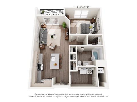 Floor plan for 1 bed, 1 bath, 783 sqft